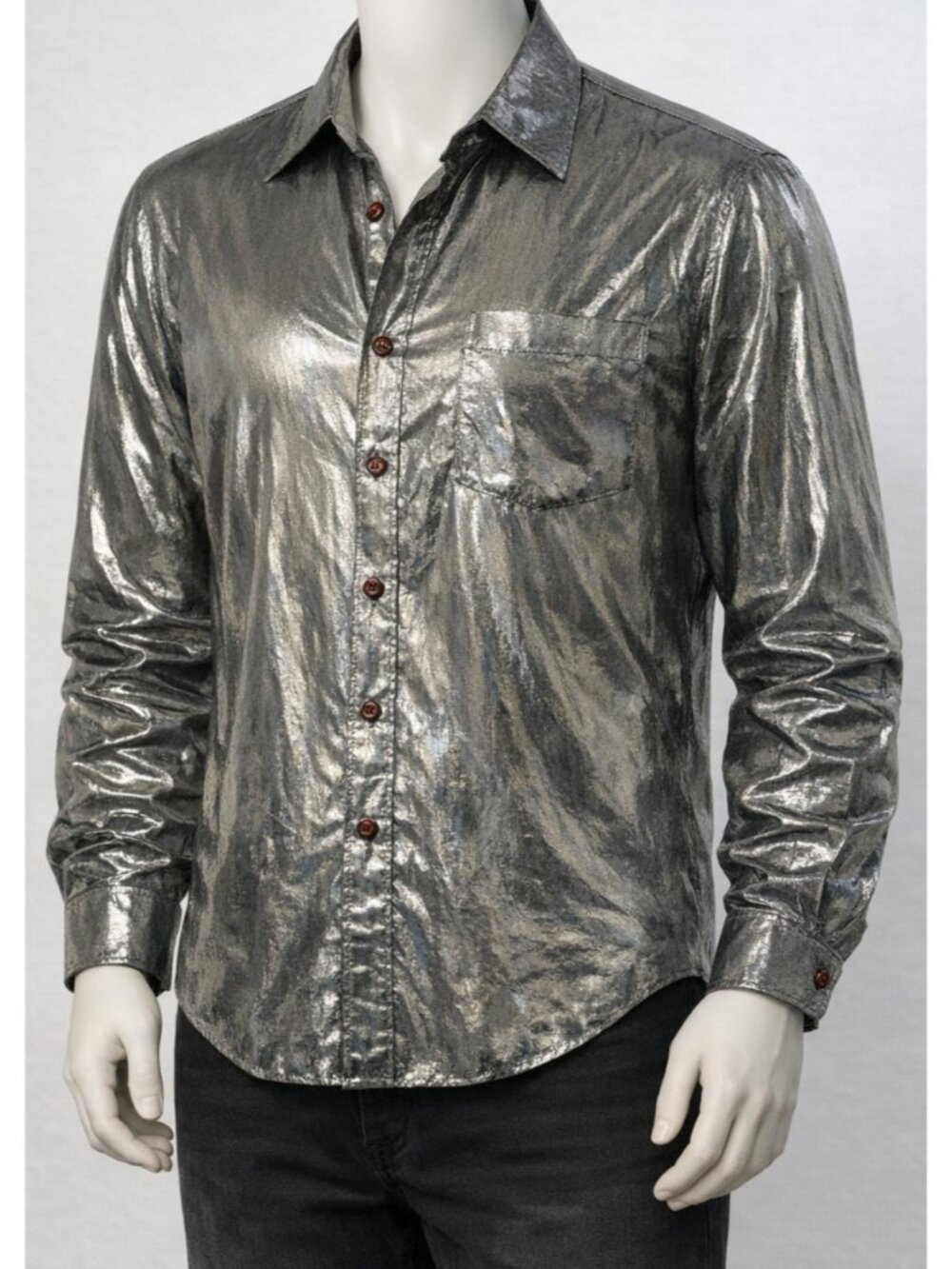 "Year Of" Shirt Metallic Large Foil Silver Lamé Button Down Vtg  Cobain 90s Y2K